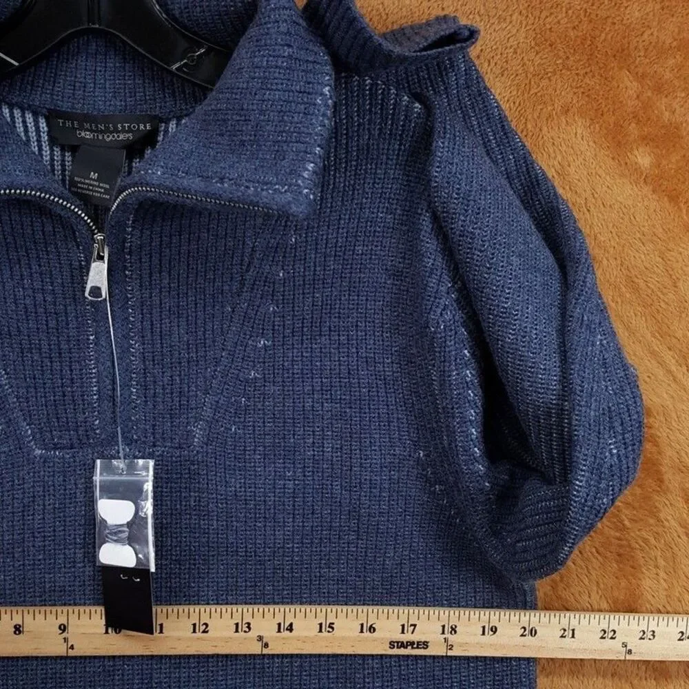 BLOOMINGDALES Sweater Mens Medium Blue Quarter Zip 100% Merino Wool $268